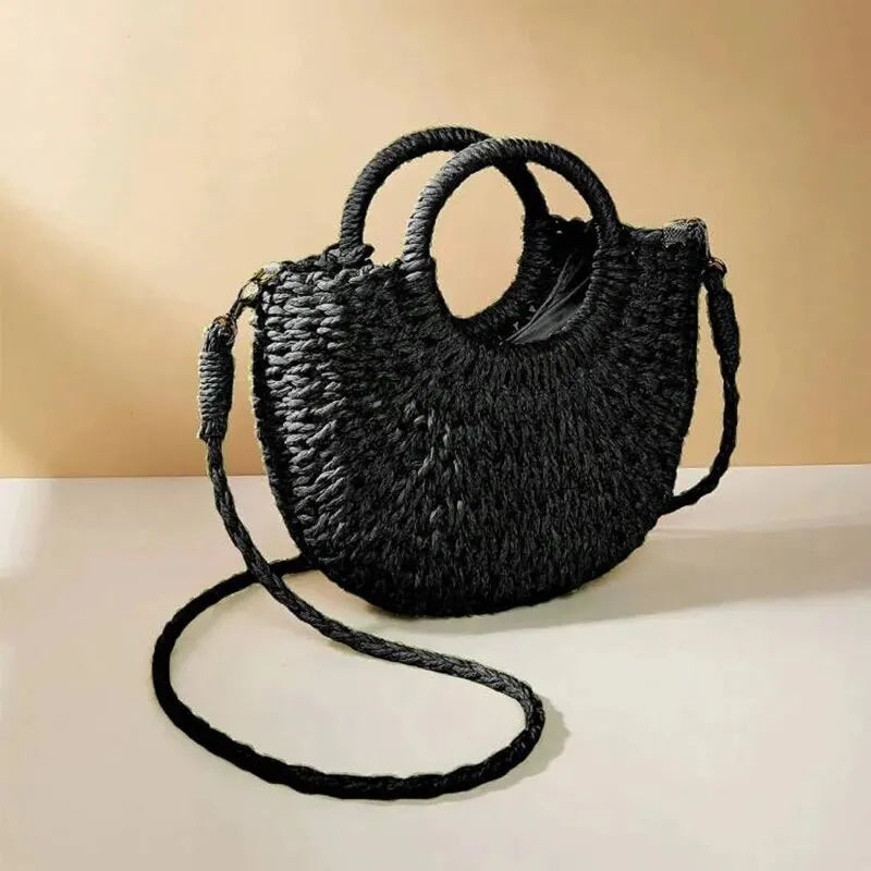 Women’s Straw Crossbody Bag – Stylish Half-Moon Shoulder Purse with Large Capacity