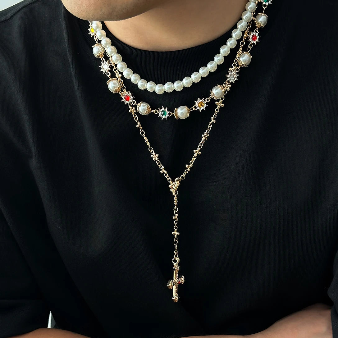 Classic Geometric Pendant Necklace for Men – Simulated Pearl & Rhinestone Chain