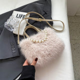 Elegant Plush Pearl-Decorated Handbag for Women – Stylish Autumn & Winter Fashion Tote