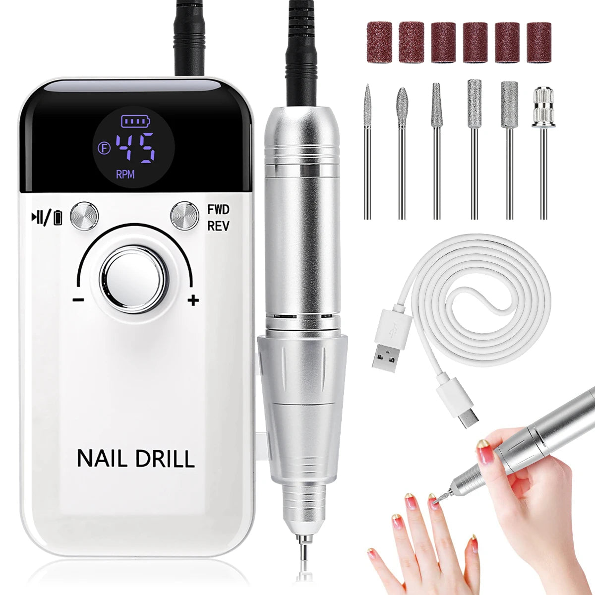 High-Speed Electric Nail Drill for Acrylic Nails – 45,000 RPM, LCD Display, Rechargeable & Portable