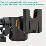 Portavasos universal 2 en 1 para cochecito con soporte para teléfono: perfecto para cochecitos, sillas de ruedas y bicicletas