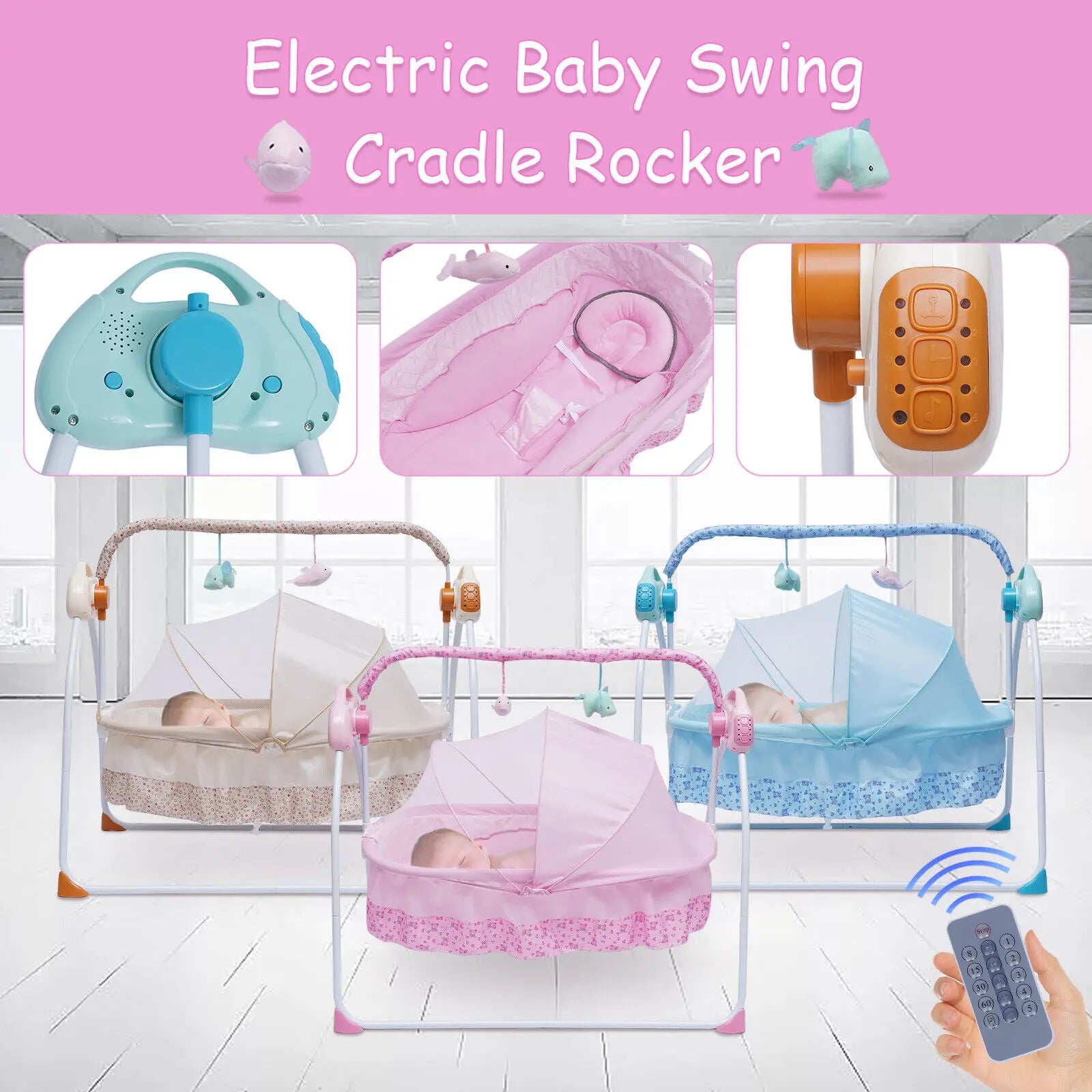 Electric Baby Cradle Swing with Remote Control, Adjustable Timer & Mosquito Net – Portable Infant Rocker for Home and Travel