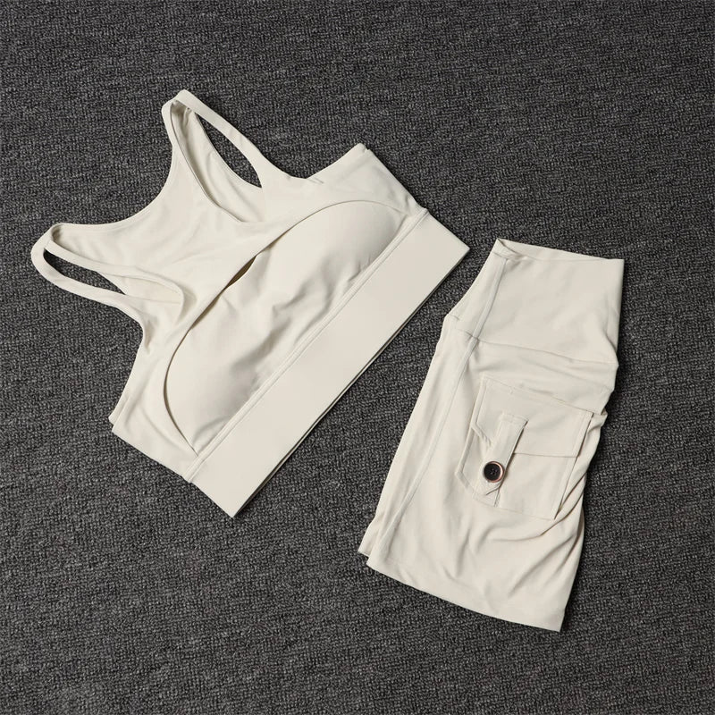Women's High-Waist Yoga Shorts Set with Sports Bra and Pocket