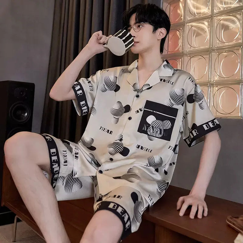 Men’s Long Sleeve Cartoon Pajama Set with Elastic Waist – Comfortable Loungewear for All Seasons