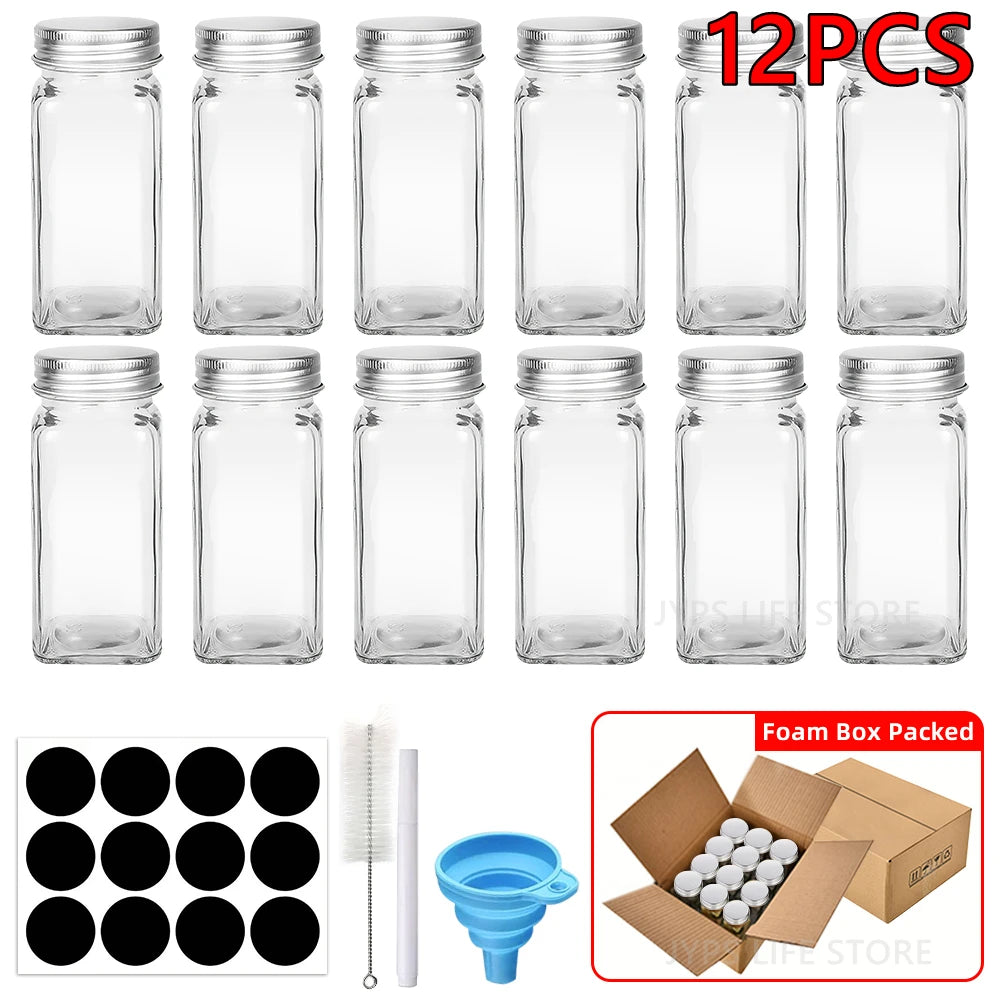 12 tarros de especias de vidrio con tapas de metal, salero, pimentero, recipientes para condimentos, organizador de especias, juego de tarros de especias de cocina de 120 ml