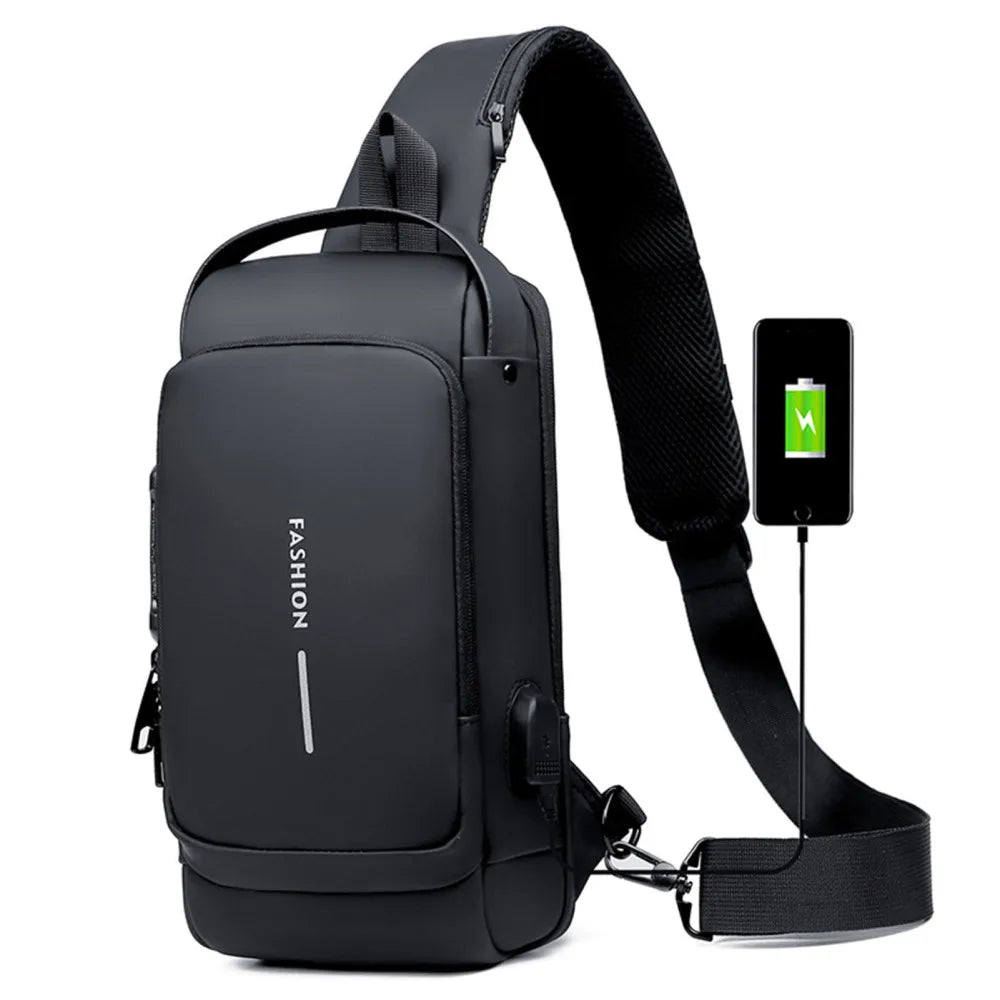 Men’s Anti-Theft USB Charging Sling Bag – Waterproof Oxford Chest Bag with Password Lock