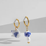Blue Floral Pearl Dangle Earrings - Asymmetric Ceramic Bead Huggie Hoops