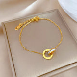 Gold Plated Stainless Steel Zircon Bracelet - Roman Numeral Charm Jewelry for Women