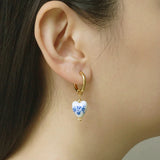 Blue Floral Pearl Dangle Earrings - Asymmetric Ceramic Bead Huggie Hoops