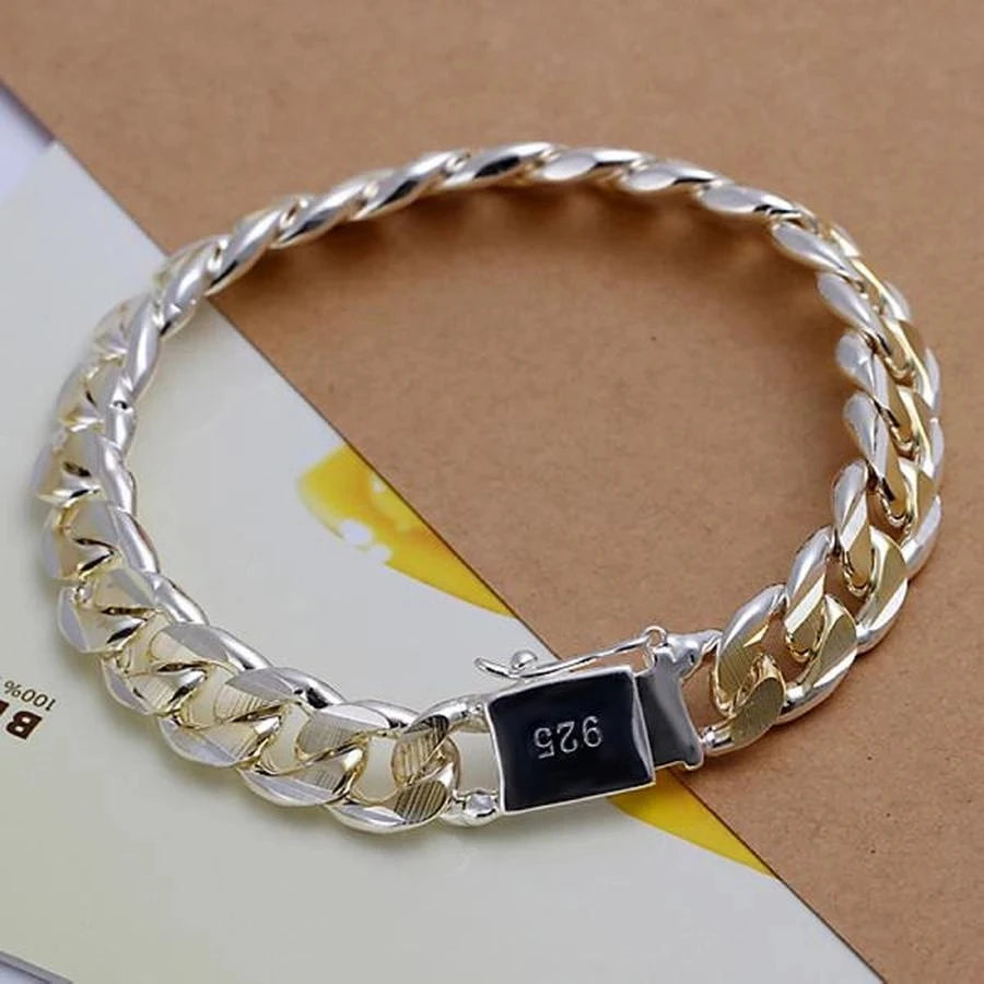 925 Sterling Silver Charm Bracelet - Classic Geometric Design for Unisex, Wedding & Special Occasions