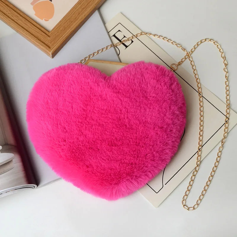 Heart-Shaped Faux Fur Shoulder Bag – Soft Plush Crossbody for Women