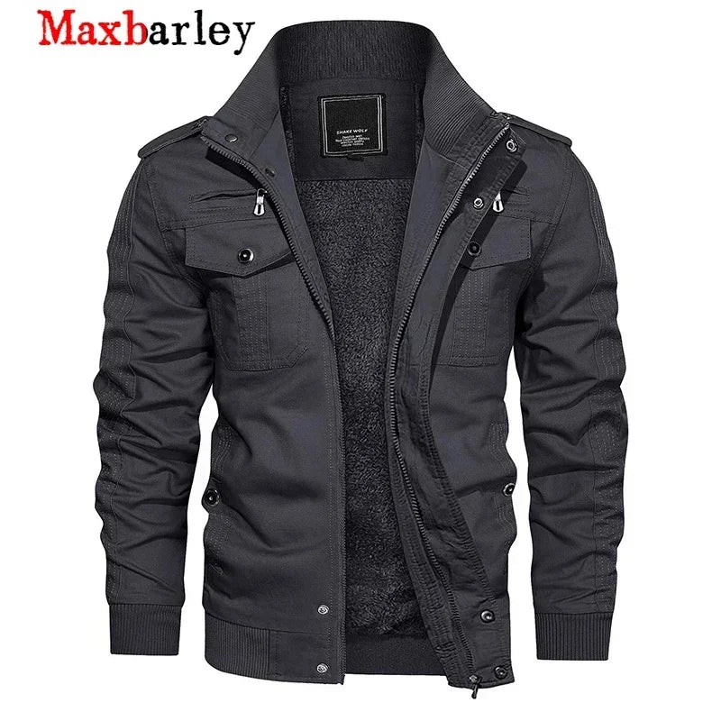 Men’s Military Cargo Jacket – Fleece-Lined, Stand Collar, Winter Outerwear