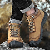 Men’s Winter Leather Ankle Boots – Lace-Up Cowhide Boots with Plush Lining for Cold Weather