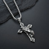 Stainless Steel Praying Hands Cross Necklace - Vintage Hip Hop Pendant Chain for Men