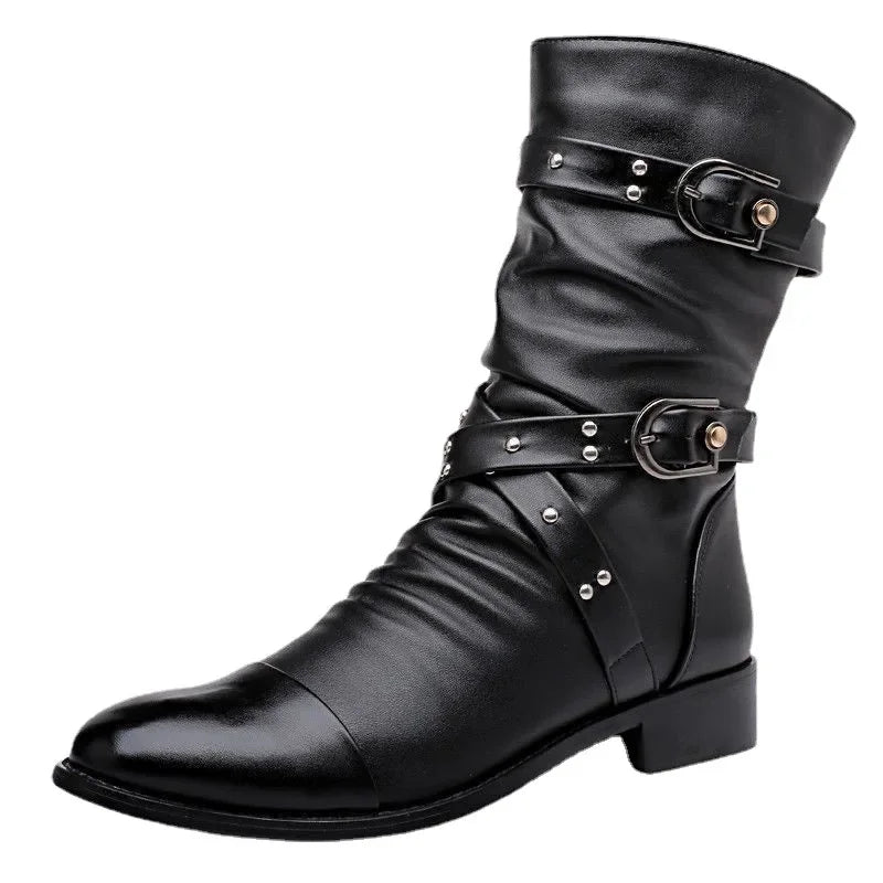 Men’s Mid-Calf Chelsea Riding Boots with Button Detail – Stylish Punk Leather Boots for Winter