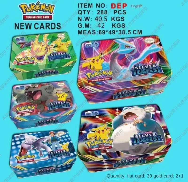 42-Piece Pokemon TCG Metal Box Set - Battle Cards with Pikachu & Rare Characters