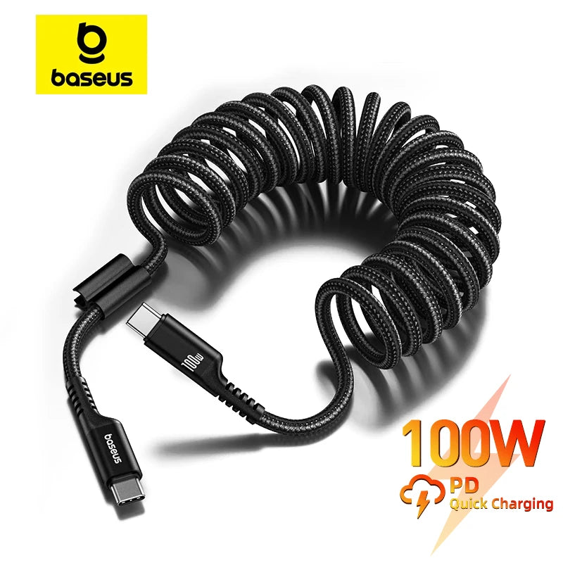 100W USB-C Fast Charging Cable – Retractable Coil Design for iPhone 15 & Android Devices