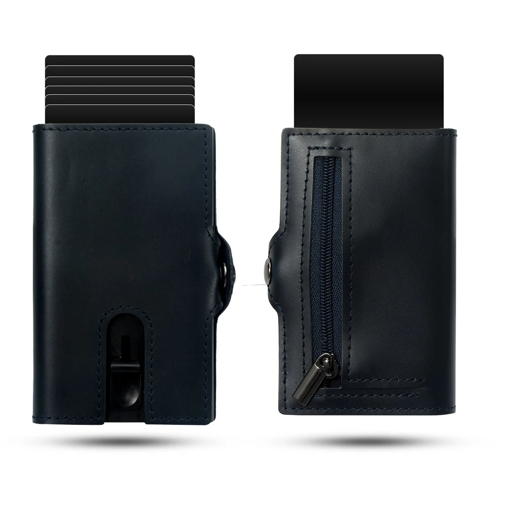 Slim RFID Leather Wallet – Minimalist Pop-Up Card Holder with Coin Pocket & Secure Button Closure