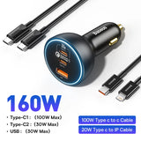 Cargador rápido para coche de 160 W: adaptador de carga rápida triple USB-C y USB-A