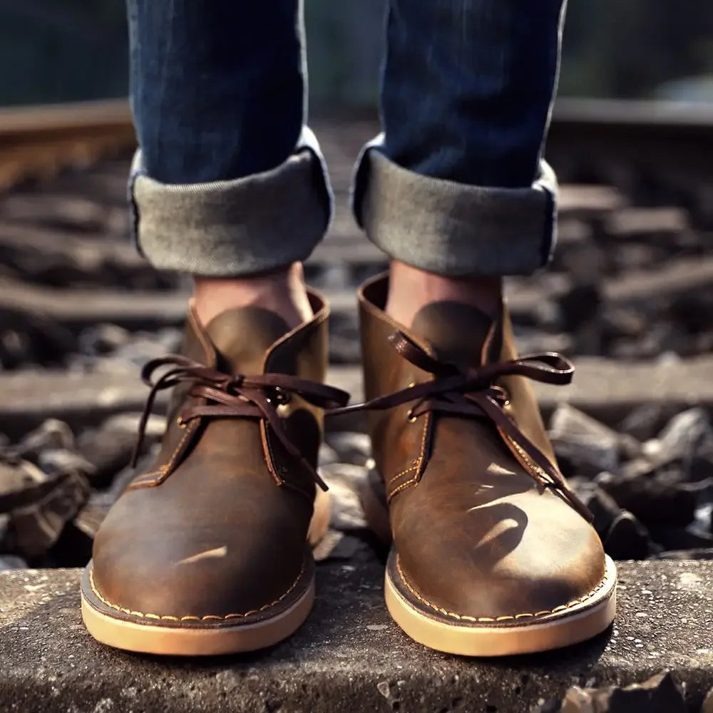 Men’s Winter Leather Desert Boots – Split Leather Lace-Up Ankle Boots with Canvas Lining