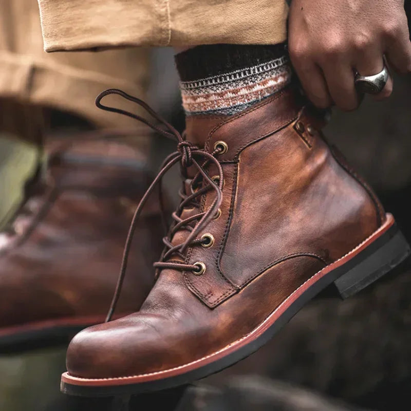 Men’s Retro Lace-Up Leather Boots – Stylish All-Season Ankle Boots for Casual & Workwear