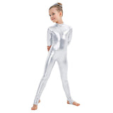 Shiny Metallic Long Sleeve Dance Unitard for Kids – Full-Length Spandex Bodysuit
