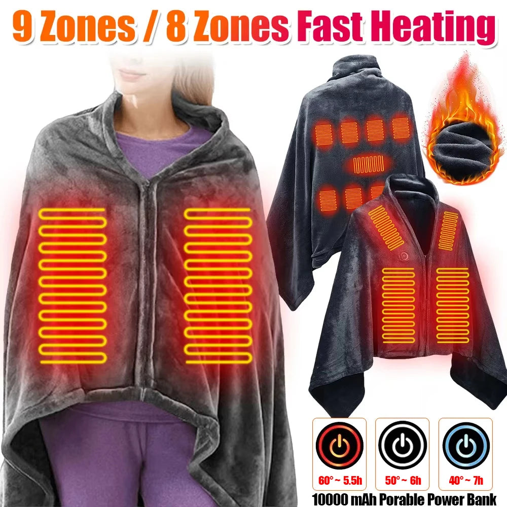 Wearable USB Heated Blanket Shawl – 8 Heating Zones, 3 Temperature Settings, Coral Fleece Throw