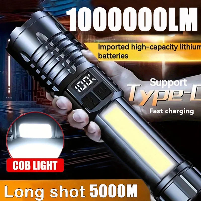 Linterna LED de alta potencia: linterna COB recargable tipo C para acampar y hacer senderismo