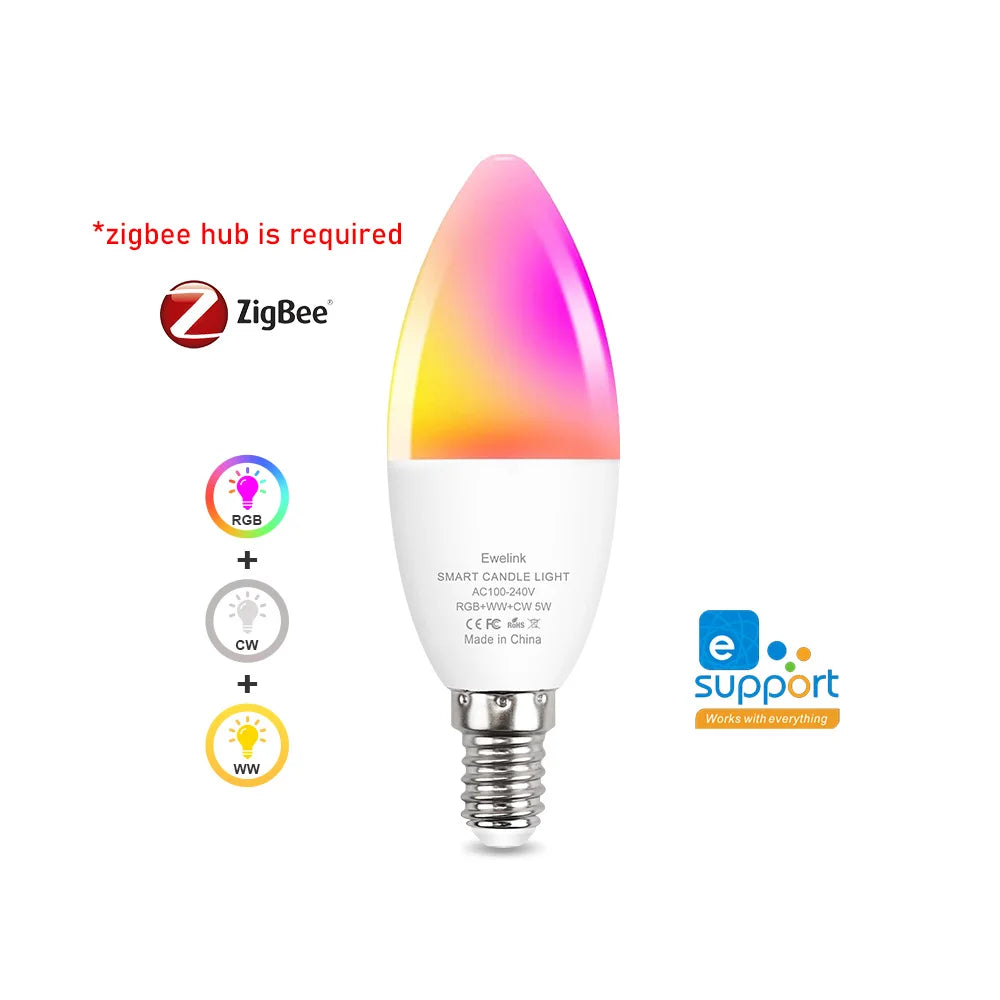 E14 Smart WiFi & Zigbee LED Candle Bulb – RGBCW Dimmable Light for Smart Home Automation