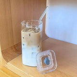 Vaso cuadrado de vidrio resistente al calor | Taza transparente para café y jugo con tapa y pajita