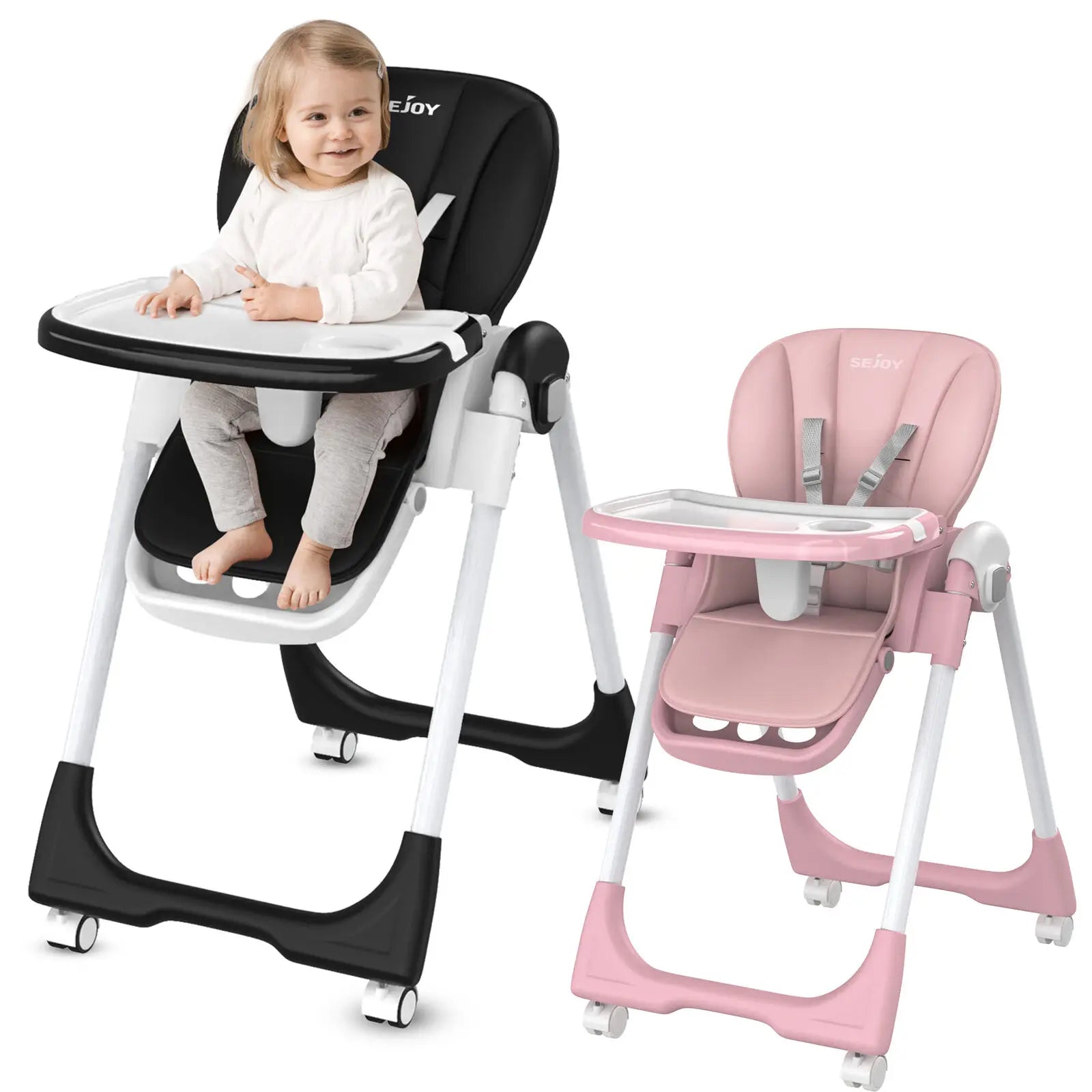Trona para bebé Sejoy, trona plegable, respaldo ajustable, bandeja doble extraíble, cojín de cuero PU desmontable, trona para