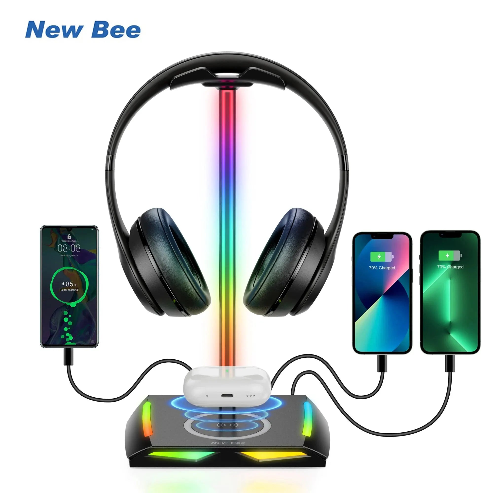 Soporte para auriculares New Bee Z12 RGB con cargador inalámbrico: soporte de escritorio para auriculares para juegos con puertos USB