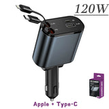 120W Retractable 4-in-1 Car Charger – USB-C, Lightning, Fast Charging Adapter