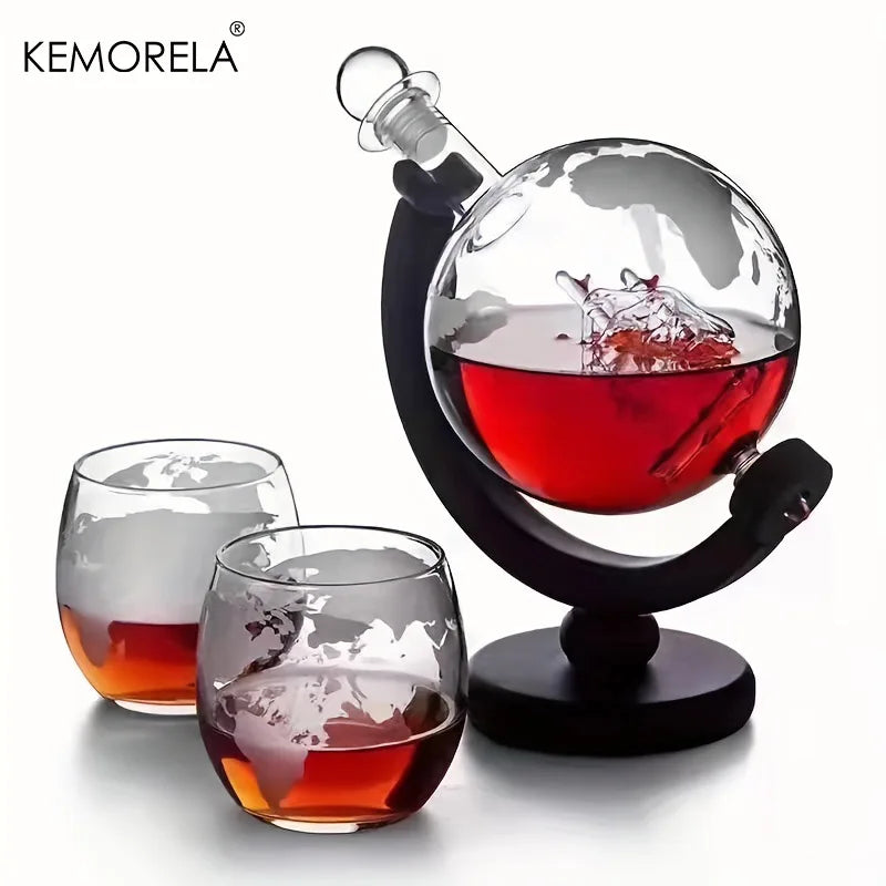 Juego de decantador de whisky Globe: jarra sin plomo con soporte de madera y vasos para servir con elegancia