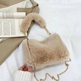 Stylish Plush Shoulder Bag with Gold Chain Strap – Soft & Compact Women's Tote