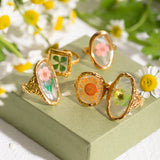 18K Gold Plated Polygonal Dry Flower Ring – Minimalist & Waterproof Statement Jewelry