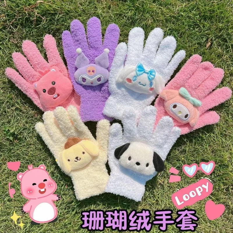 Hello Kitty Touchscreen Gloves – Kawaii Coral Fleece, Warm Winter Gloves for Women