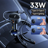 Cargador retráctil para coche de 30 W: adaptador de carga rápida dual USB-C y Lightning