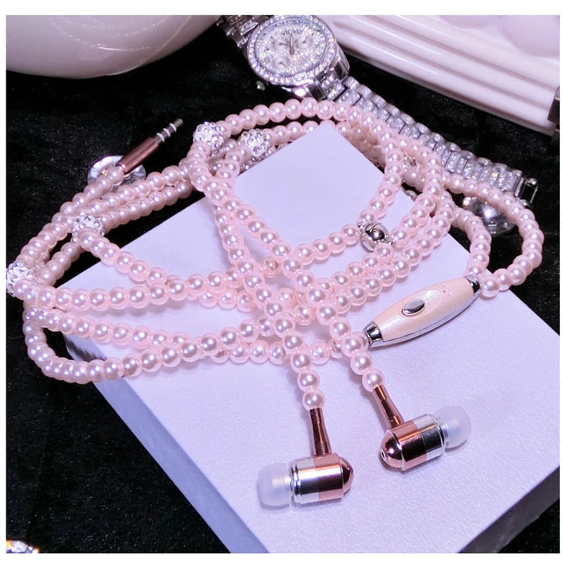 Auriculares con micrófono y collar de perlas y diamantes de imitación de color rosa: elegantes auriculares con cable para iPhone, Samsung y Xiaomi