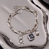 925 Sterling Silver Bear Charm Bracelet with Crystals