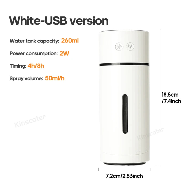 Humidificador ultrasónico portátil, recargable por USB, vapor silencioso, tanque de 260 ml