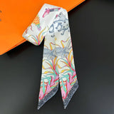 Elegant Twill Silk Ribbon Scarf – Elephant Print Long Hair & Bag Accessory