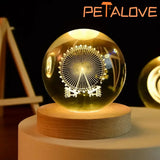 3D Solar System Crystal Night Light - USB-Powered Galaxy Lamp with Wooden Base
