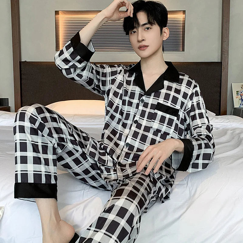 Men’s Silk Satin Pajama Set – Lightweight Luxury Sleepwear with Turn-Down Collar