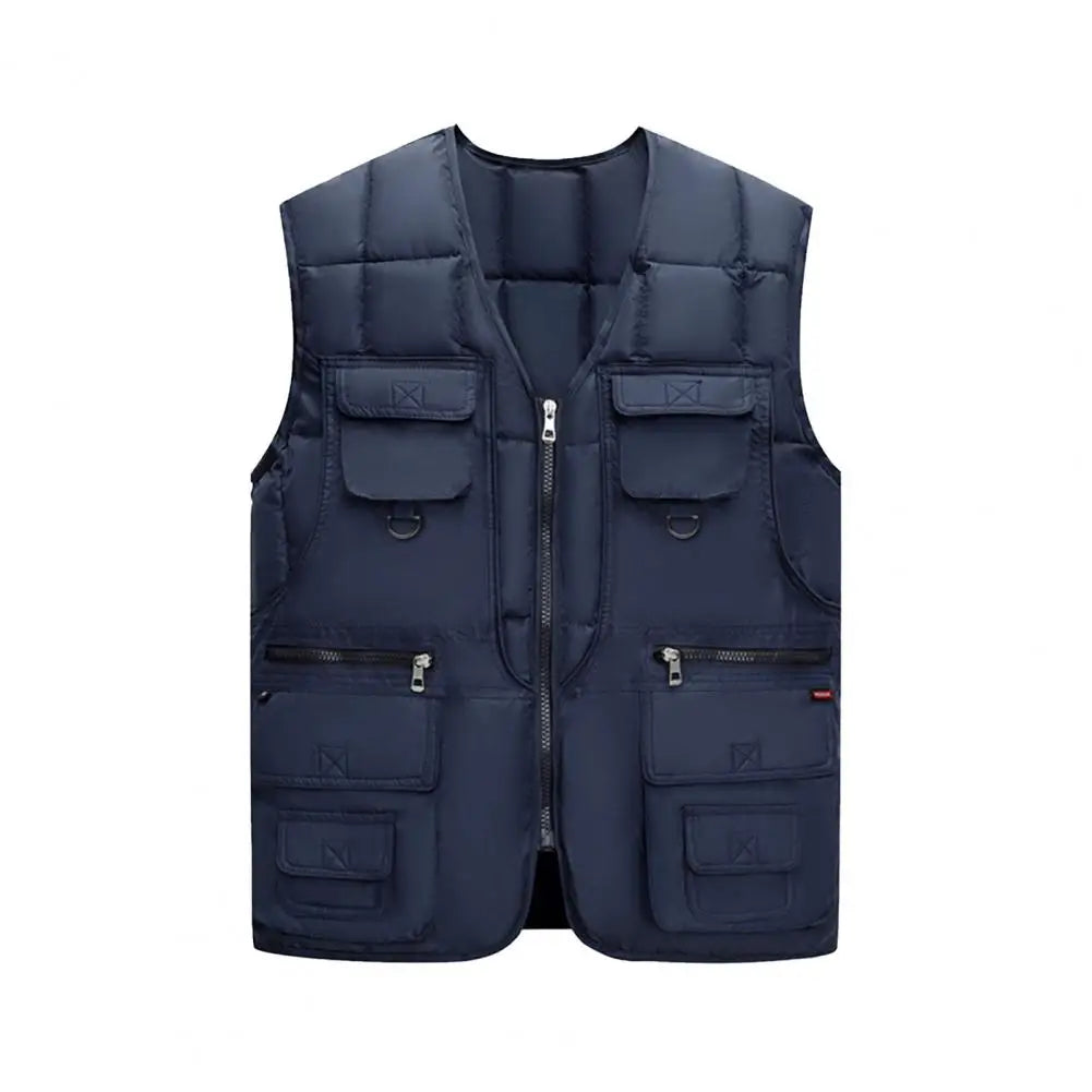Men’s V-Neck Sleeveless Utility Vest – Warm Zipper Waistcoat with Multi Pockets for Autumn & Winter