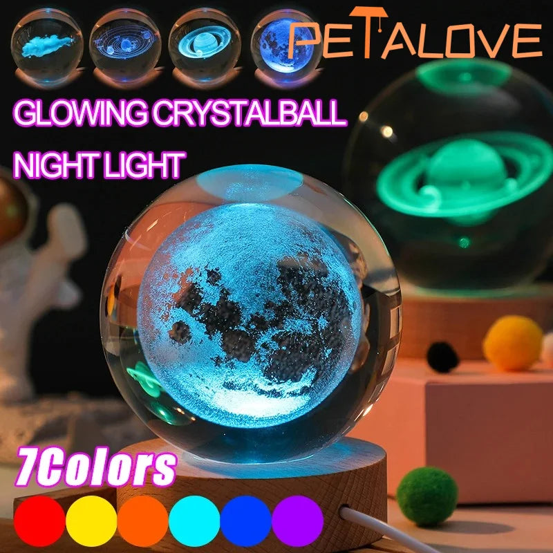 3D Solar System Crystal Night Light - USB-Powered Galaxy Lamp with Wooden Base