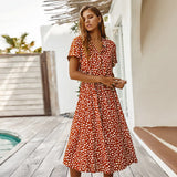 Women’s Vintage Floral Print Boho Dress – Casual Short Sleeve Mid-Calf Shirt Dress