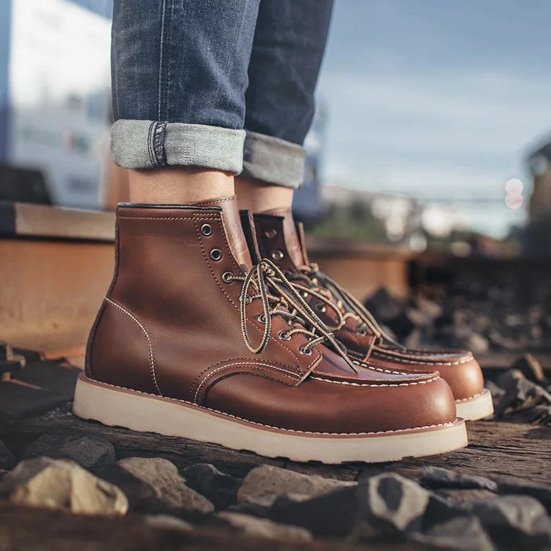Men's Vintage Red Motorcycle Boots - Rugged Leather Ankle Boots for Riding & Work