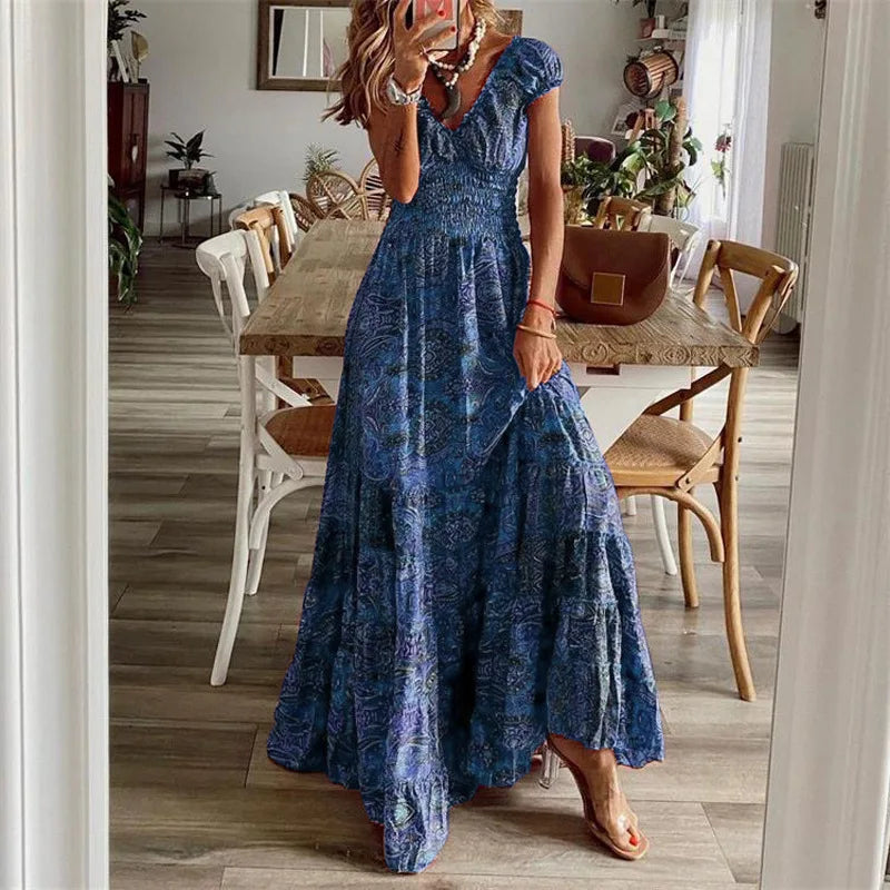 Women's Floral Print A-Line Dress with Petal Sleeves – Summer V-Neck Maxi Dress