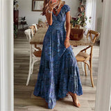 Women's Floral Print A-Line Dress with Petal Sleeves – Summer V-Neck Maxi Dress